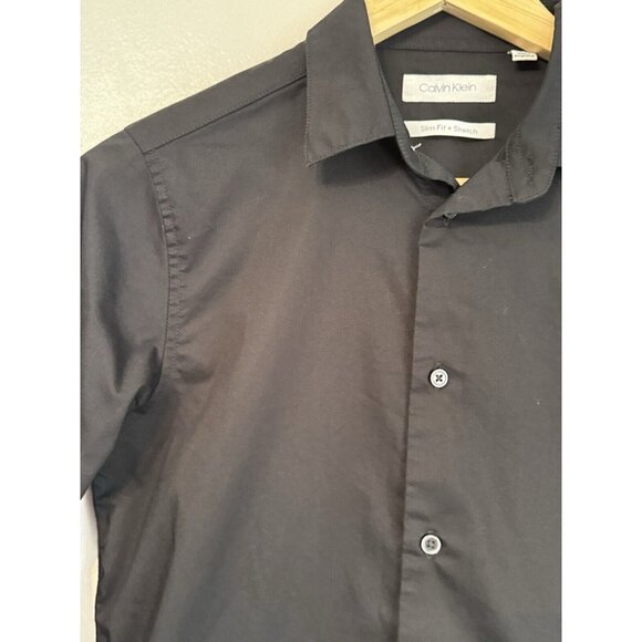 Calvin Klein Womens Slim Fit Stretch Button Up Career Top Sz 16 Black Minimalist - Picture 3 of 8